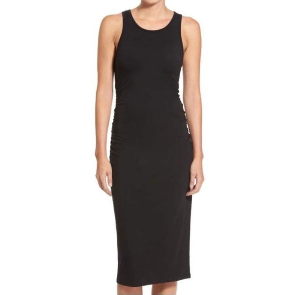 STEM Womens Black Ruched Side Sleeveless Midi Tank Dress Elevated Basics XS